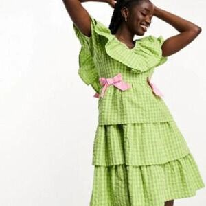 NWOT Neon Rose Green & Pink Contrast Bow Ruffle Gingham Mini Dress in Size XL